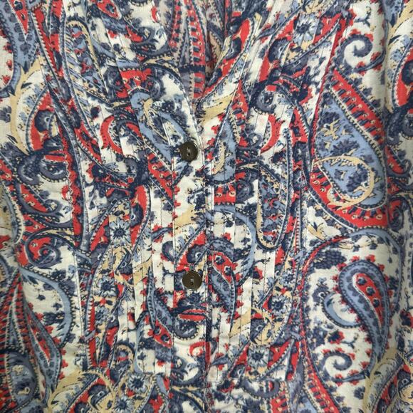 J.Jill Size Medium Blue Paisley Print Pintuck Button Up Cotton Blend Blouse - Picture 6 of 8
